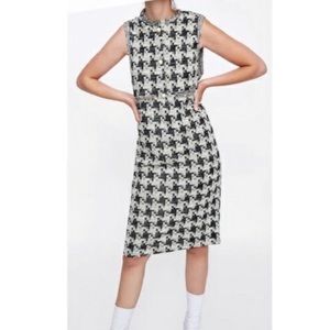 Zara Tweed Houndstooth Dress with Pearl Buttons, Size L